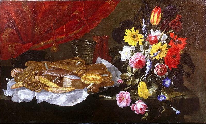  A Still Life of Roses, Carnations, Tulips and other Flowers in a glass Vase, with Pastries and Sweetmeats on a pewter Platter and earthenware Pots, on